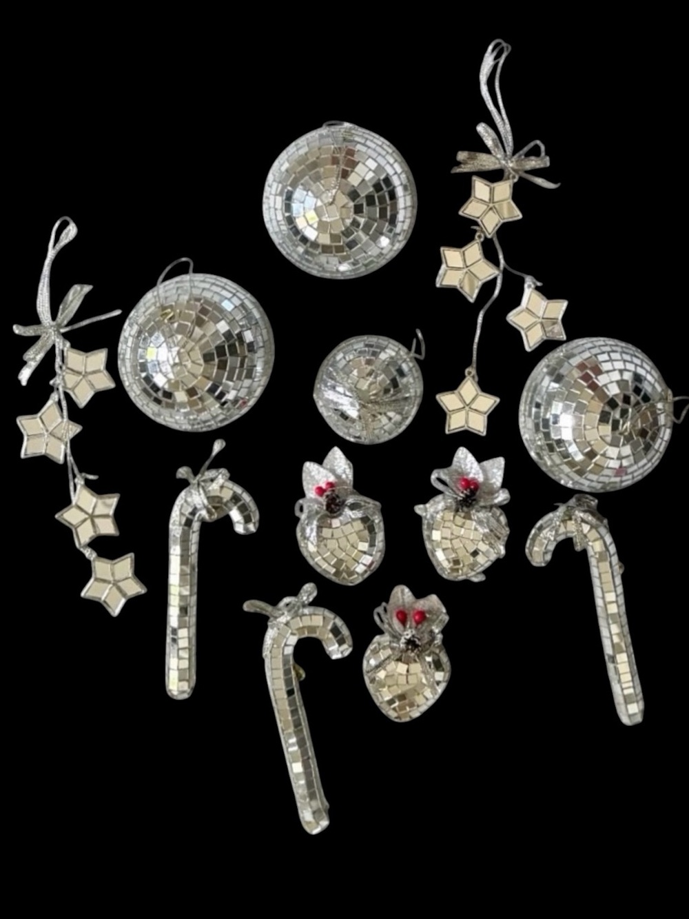 12 Silvestri Vintage Silver Mirrored Mosaic Candy Cane, Star and Heart Ornaments
